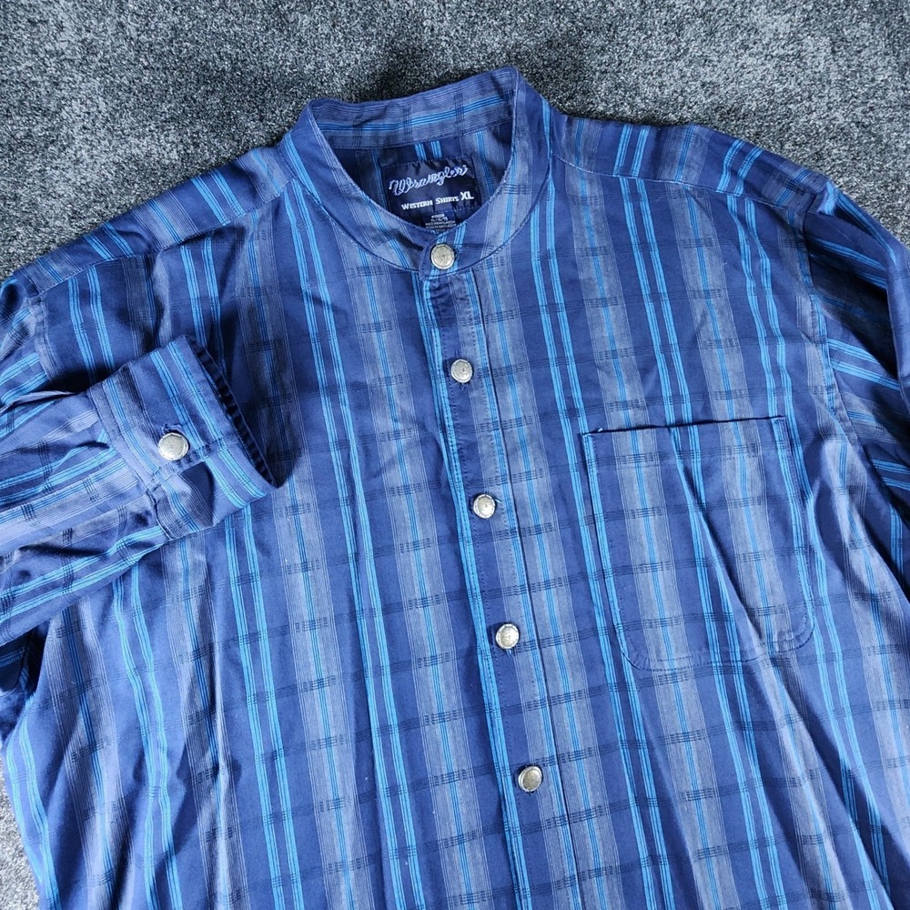 Wrangler Western Shirt Mens XL Blue Striped Banded Grandad Collar‎ Long Sleeve